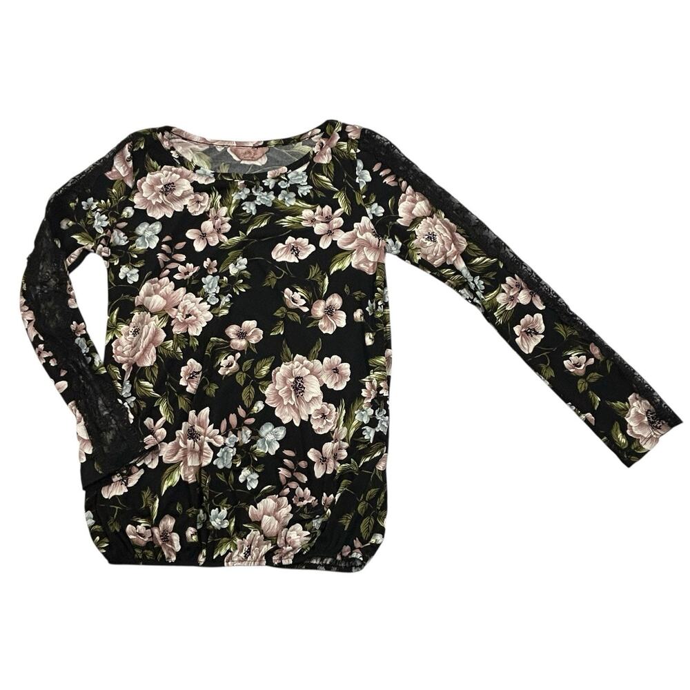 SJS Floral Long Sleeve Top Small Black Pink Blue Lace Sleeve Cutout Elastic Hem
